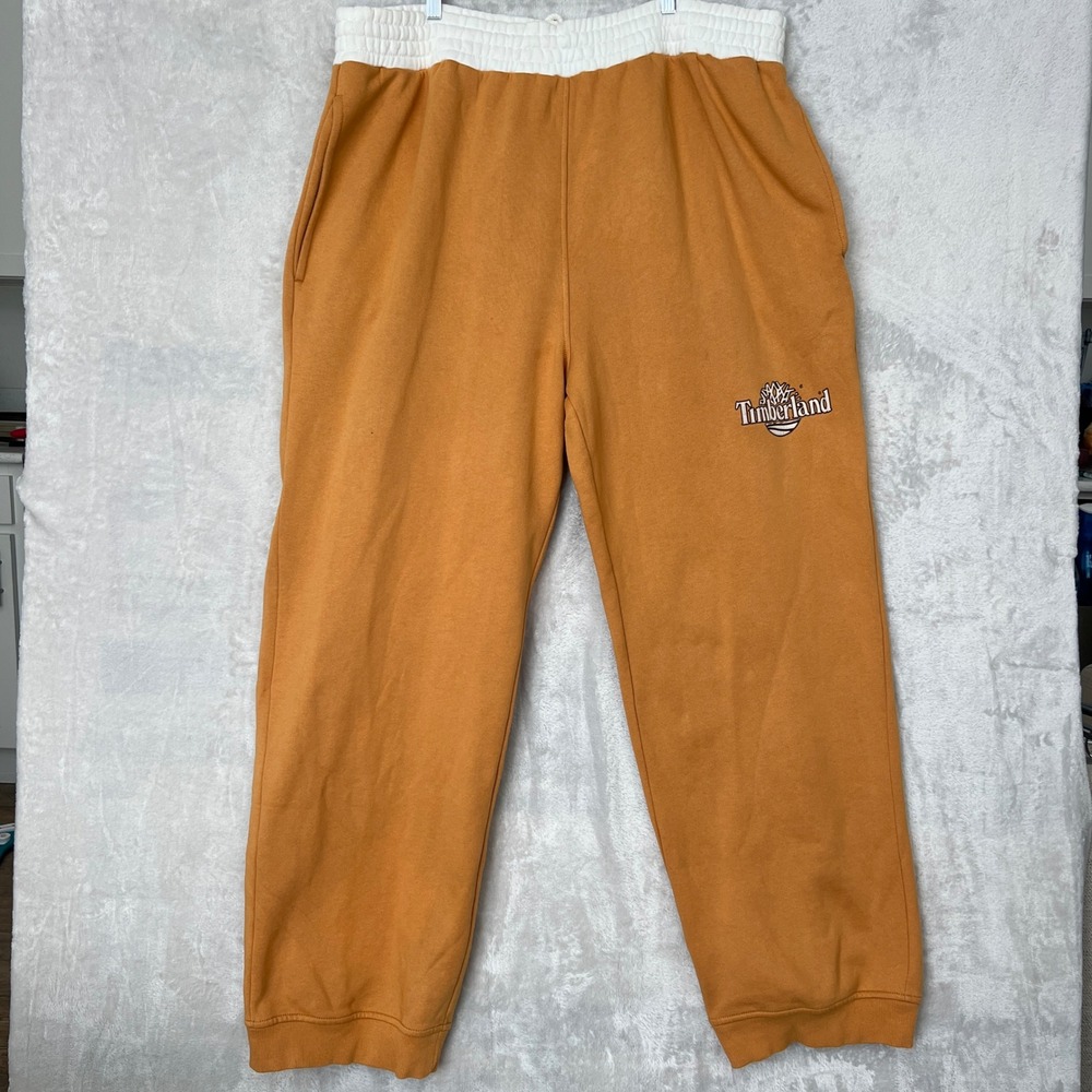 Timberland Mens XXL Sweatpants Orange Wheat White Waist Logo Fleece Joggers